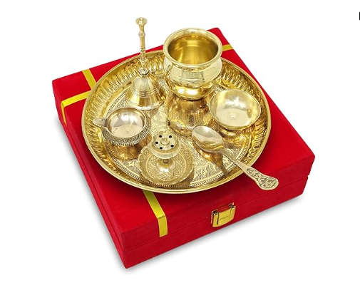 Gold Plated Brass Silver Pooja Items Aarti Thali