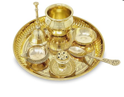 Gold Plated Brass Silver Pooja Items Aarti Thali