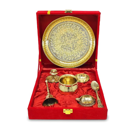 Gold Plated Brass Silver Pooja Items Aarti Thali