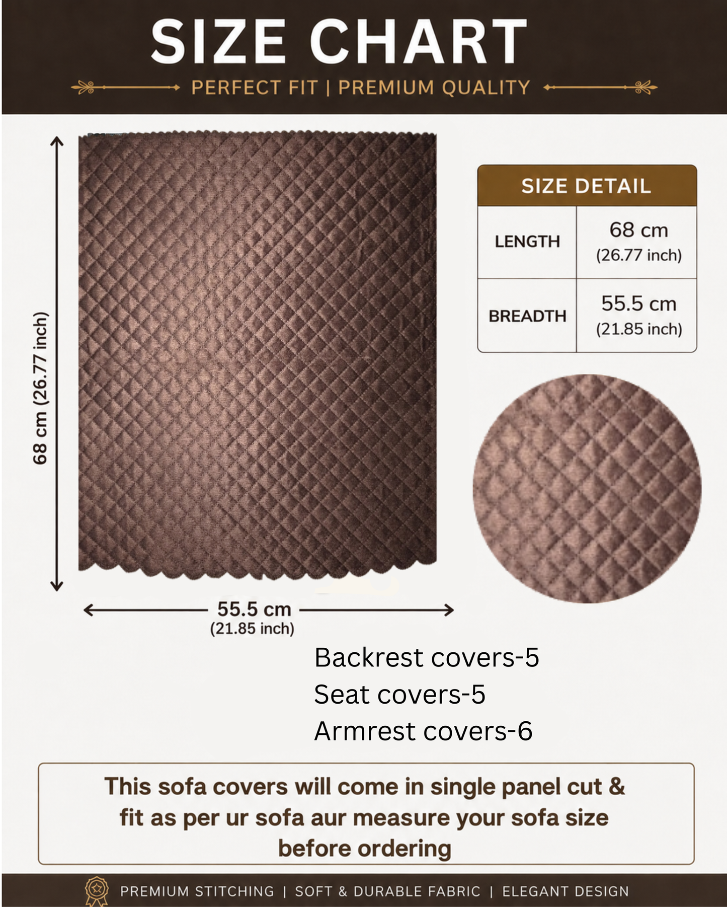 Zestrex Premium 16 pcs sofa + 5 pcs cushion quillted solid plain brown set  covers including armrest covers .